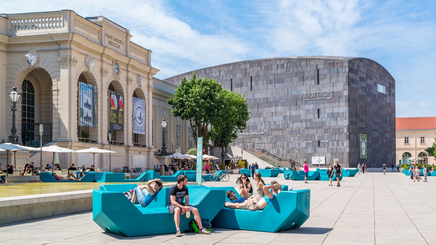 People on Museums Quartier square in Vienna, Austria