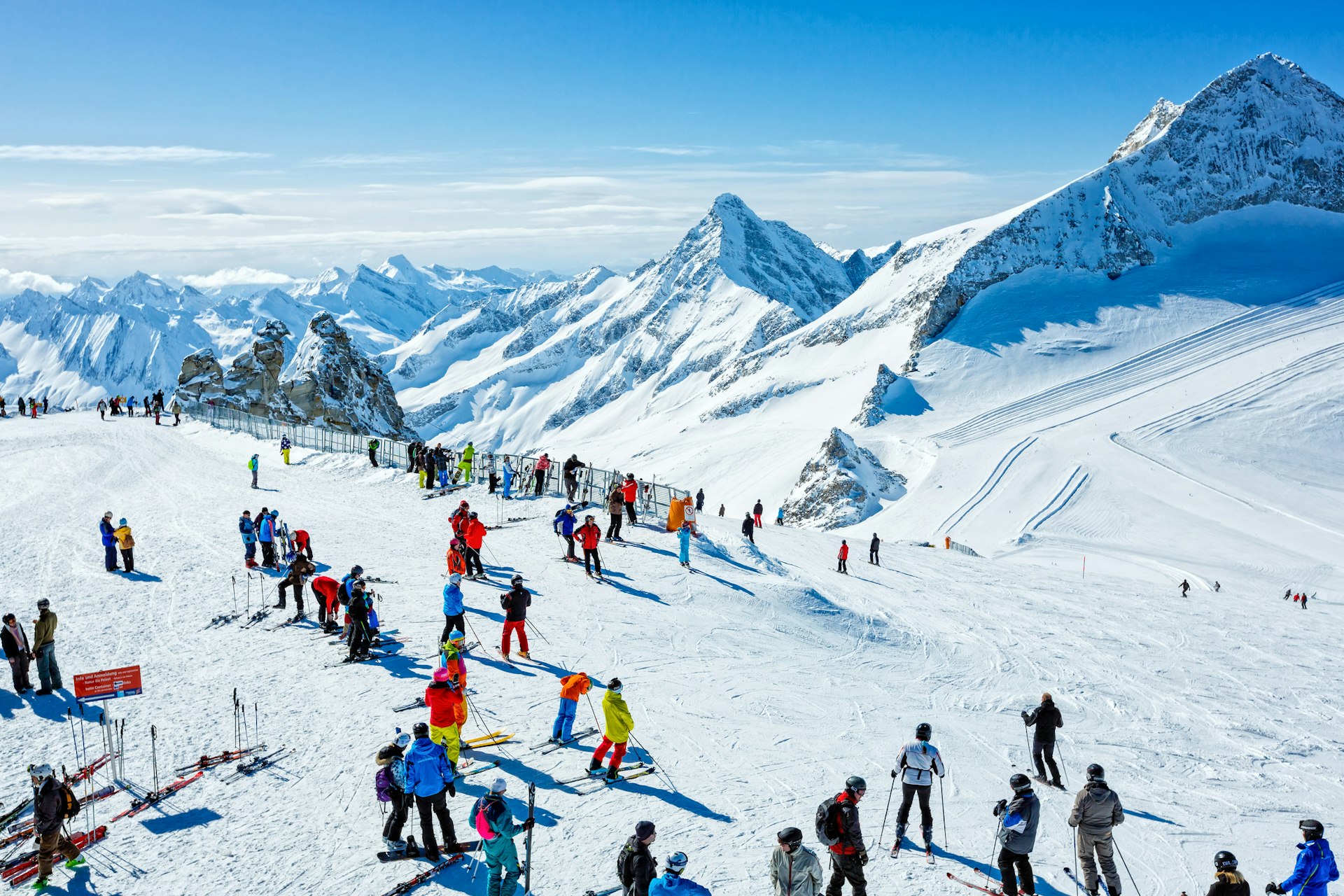 Skiers on top at winter ski resort Hintertux, Tirol, Austria