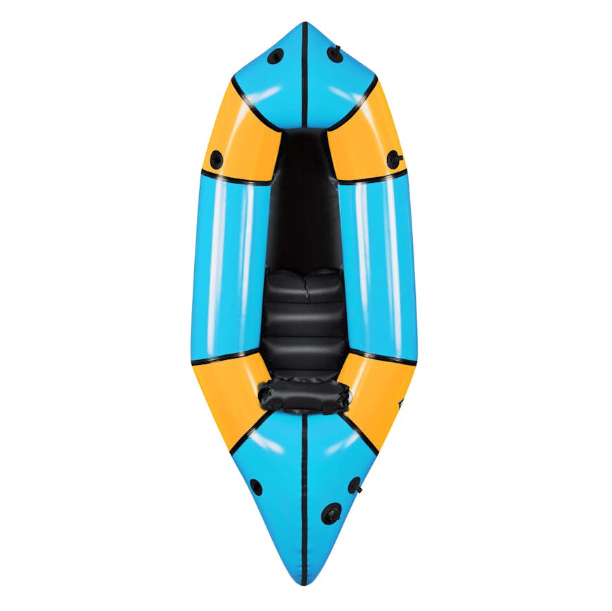 A brightly colored (blue, black and orange) packable raft from Alpacka