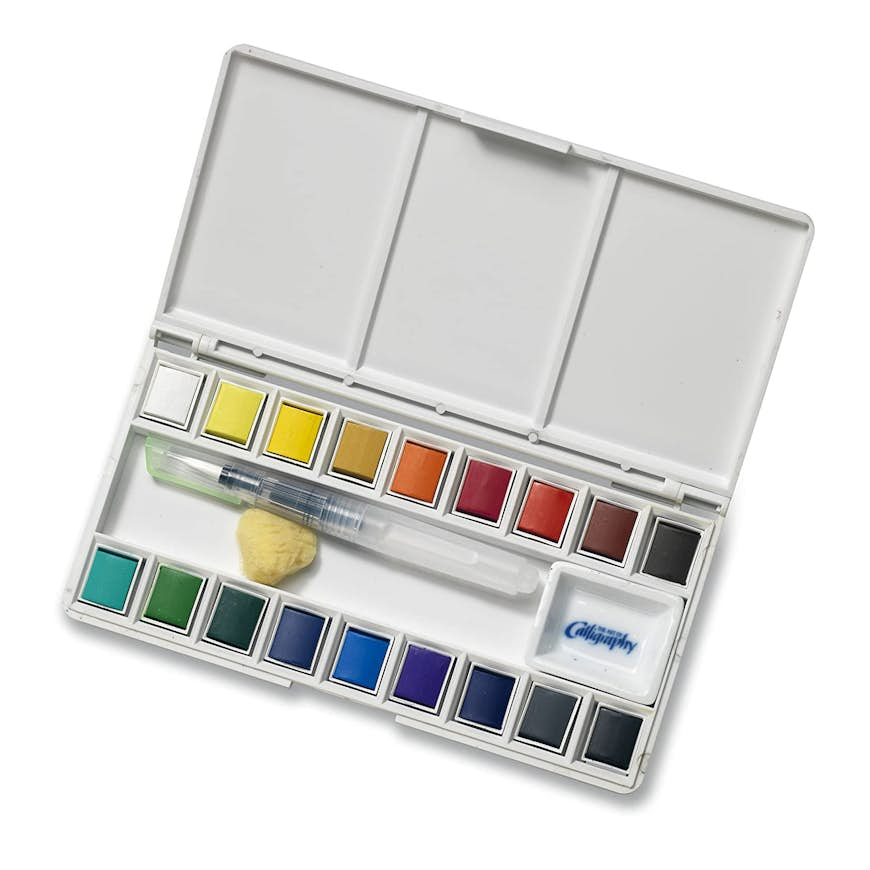 Jerry Q Art's travel watercolor set, open to show its 18 paints