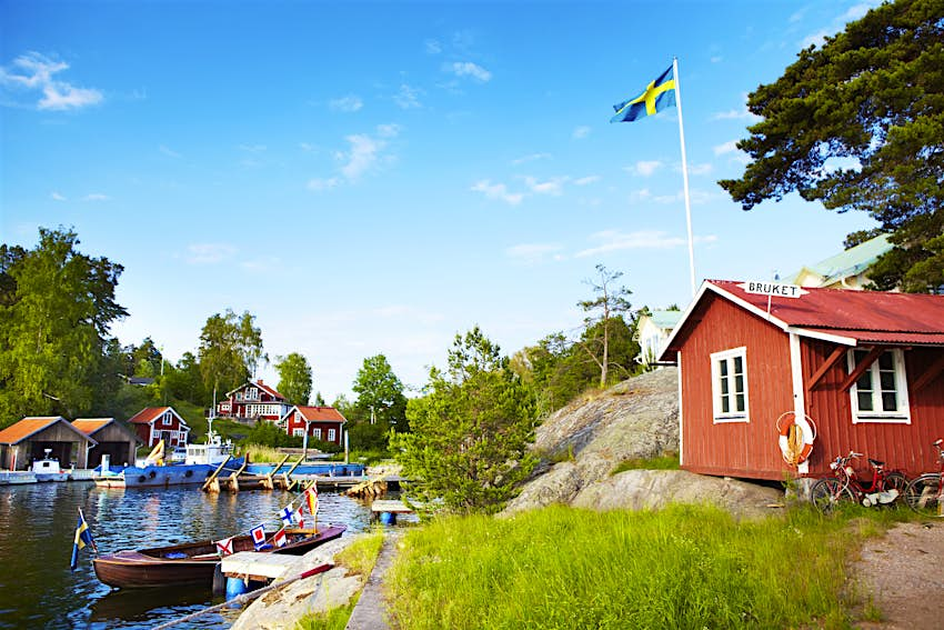 Boat house at the harbor in the village of Bruket.