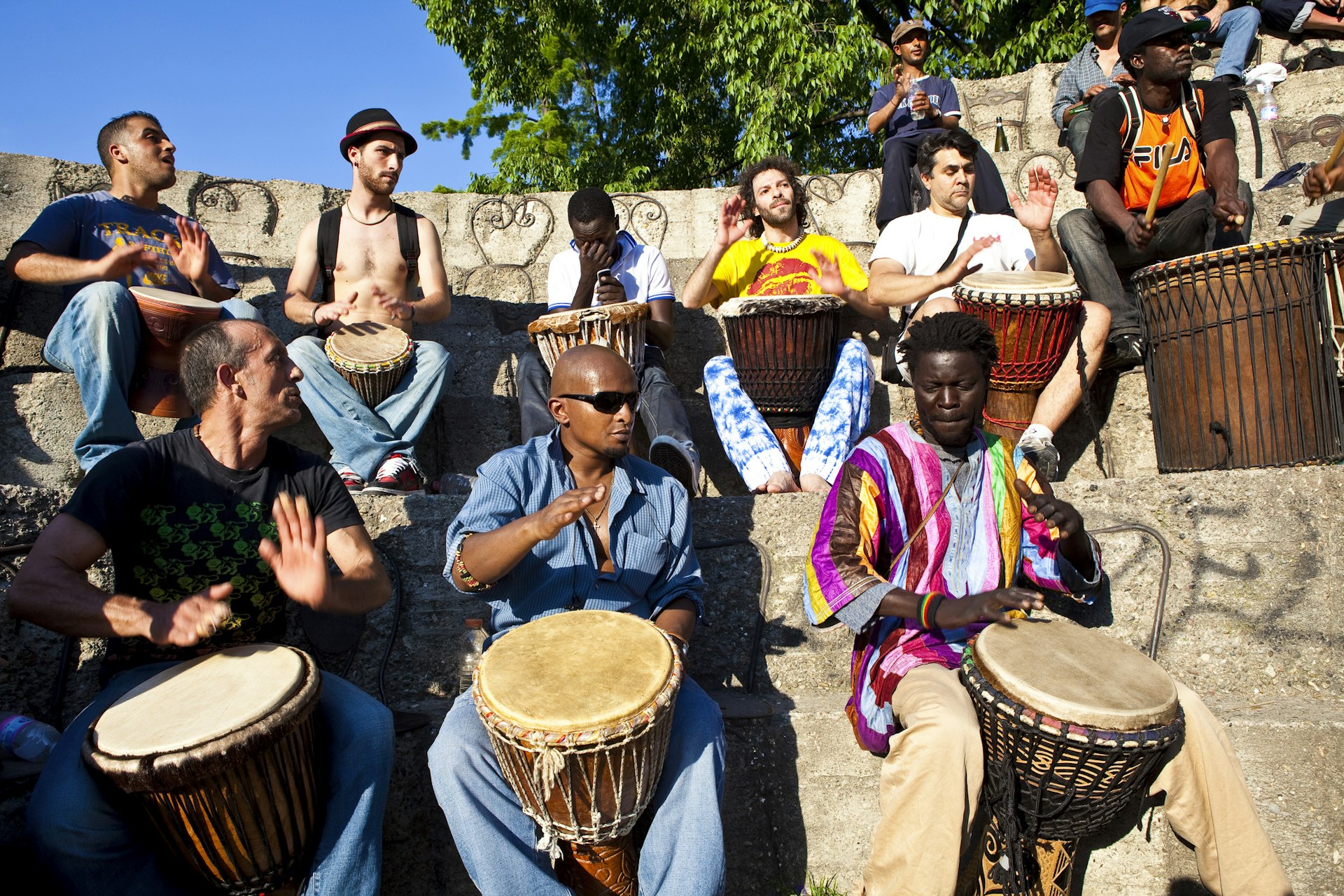 Drummers performing in Parco Sempione (Sempione Park)