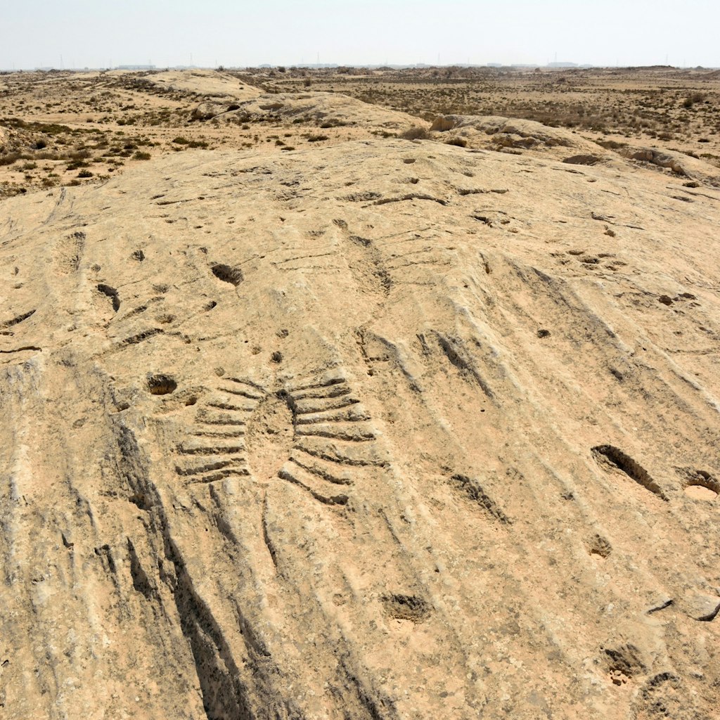 JEBEL JASSASSIYEH, QATAR - NOVEMBER 6, 2016. Rock outcrop with ancient petroglyphs depicting fish and boats in Jebel Jassassiyeh in Northern Qatar.; Shutterstock ID 585423395; your: Ben N Buckner; gl: 65050; netsuite: Client Services; full: Qatar package 1 - Rock Carvings