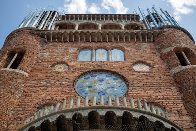 The exterior of the cathedral, which is mostly made of recycled bricks