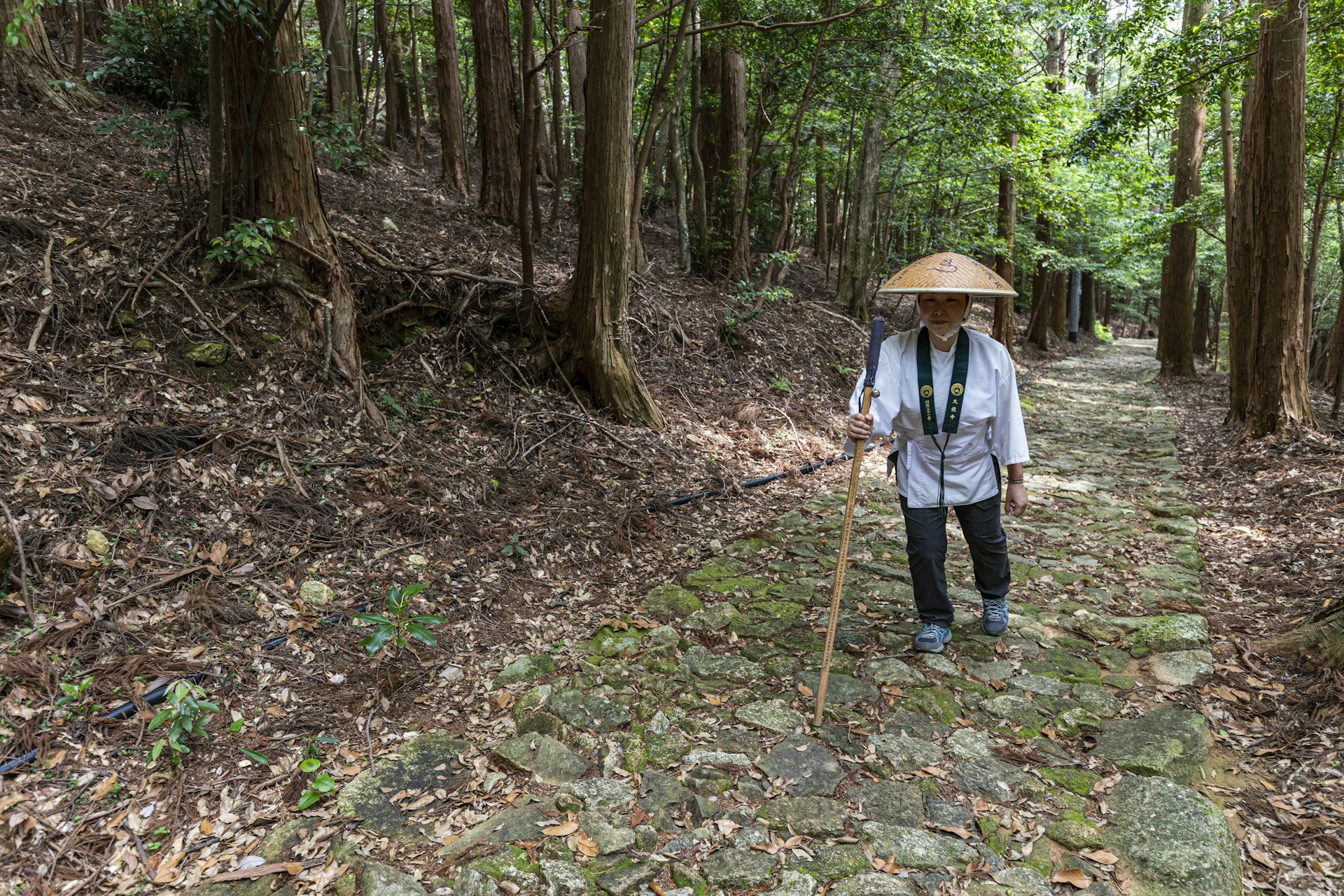 A woman wearing a traditional Japanese bamboo hat walks on a stone pathway covered in grass uphill as part of the 88 Sacred Temples of Shikoku Pilgrimage.  