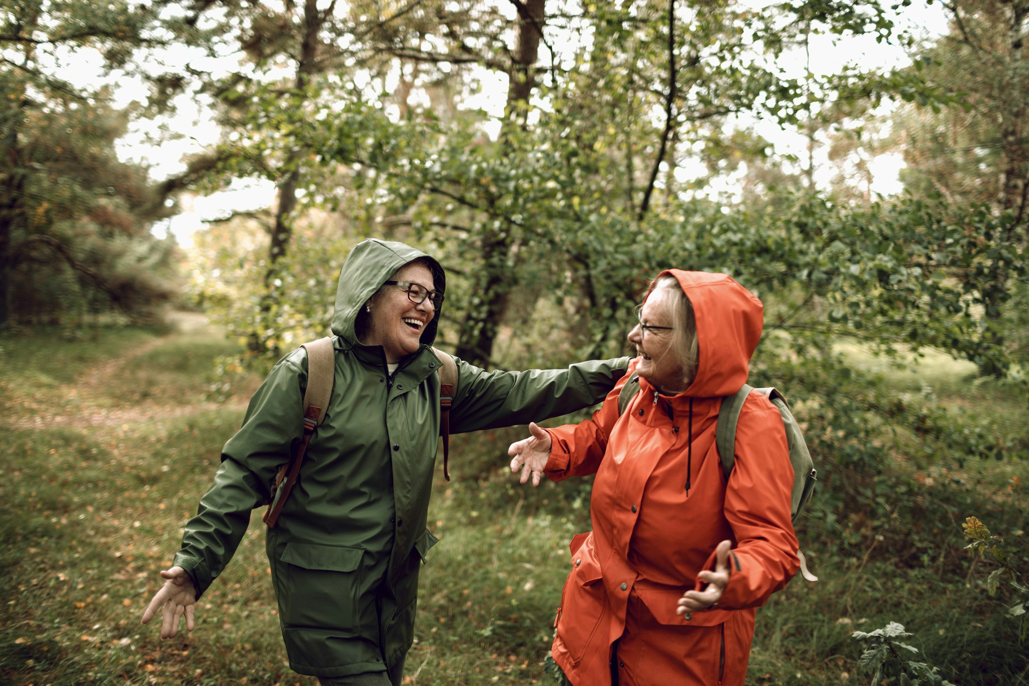 Two women in raincoats hiking through a forest and laughing together