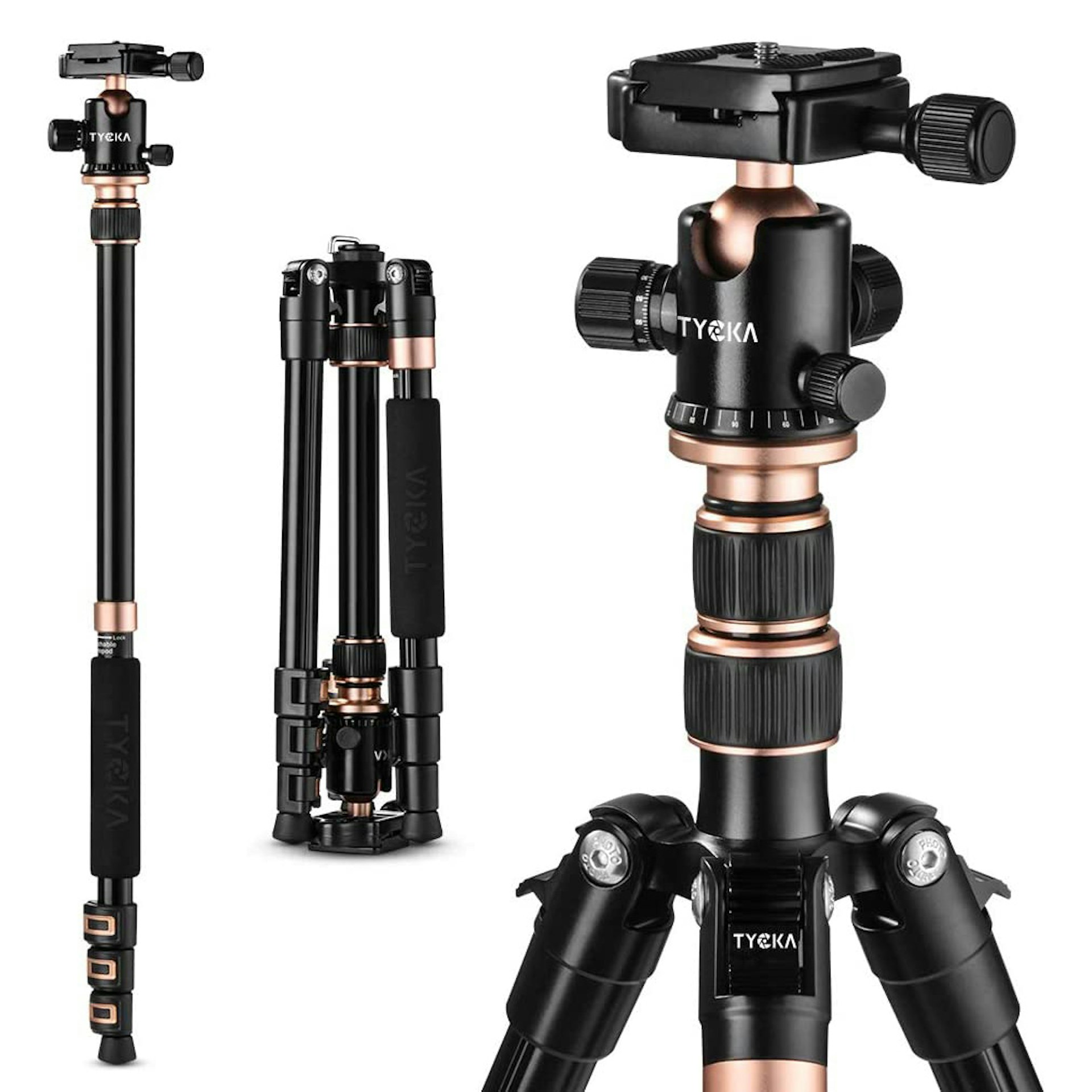 TYCKA Rangers 56in compact travel tripod, seen both folded up and expanded