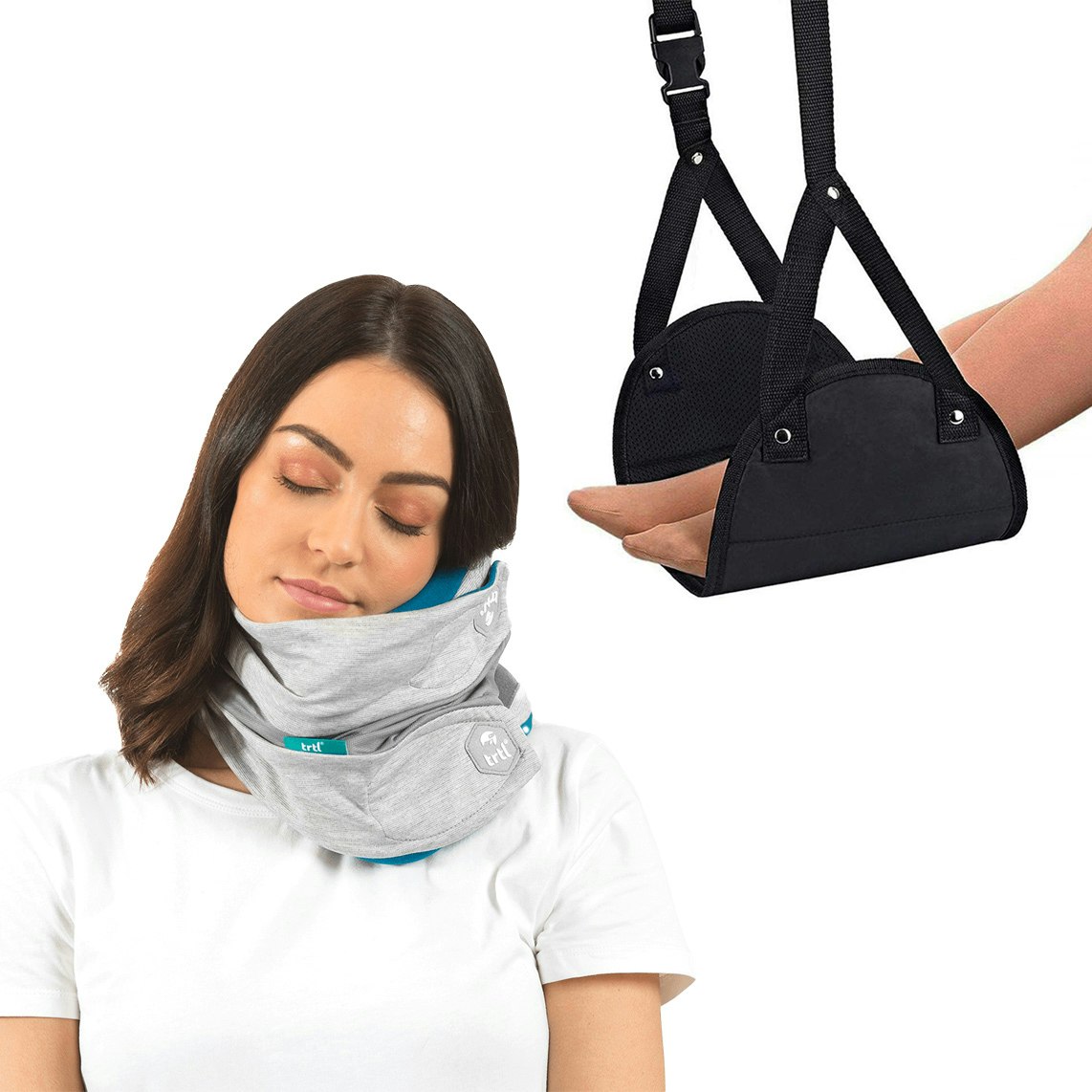 A composite shot featuring a woman on the left wearing Trtl's neck pillow to sleep, and a pair of legs hanging in a black foot hammock on the right