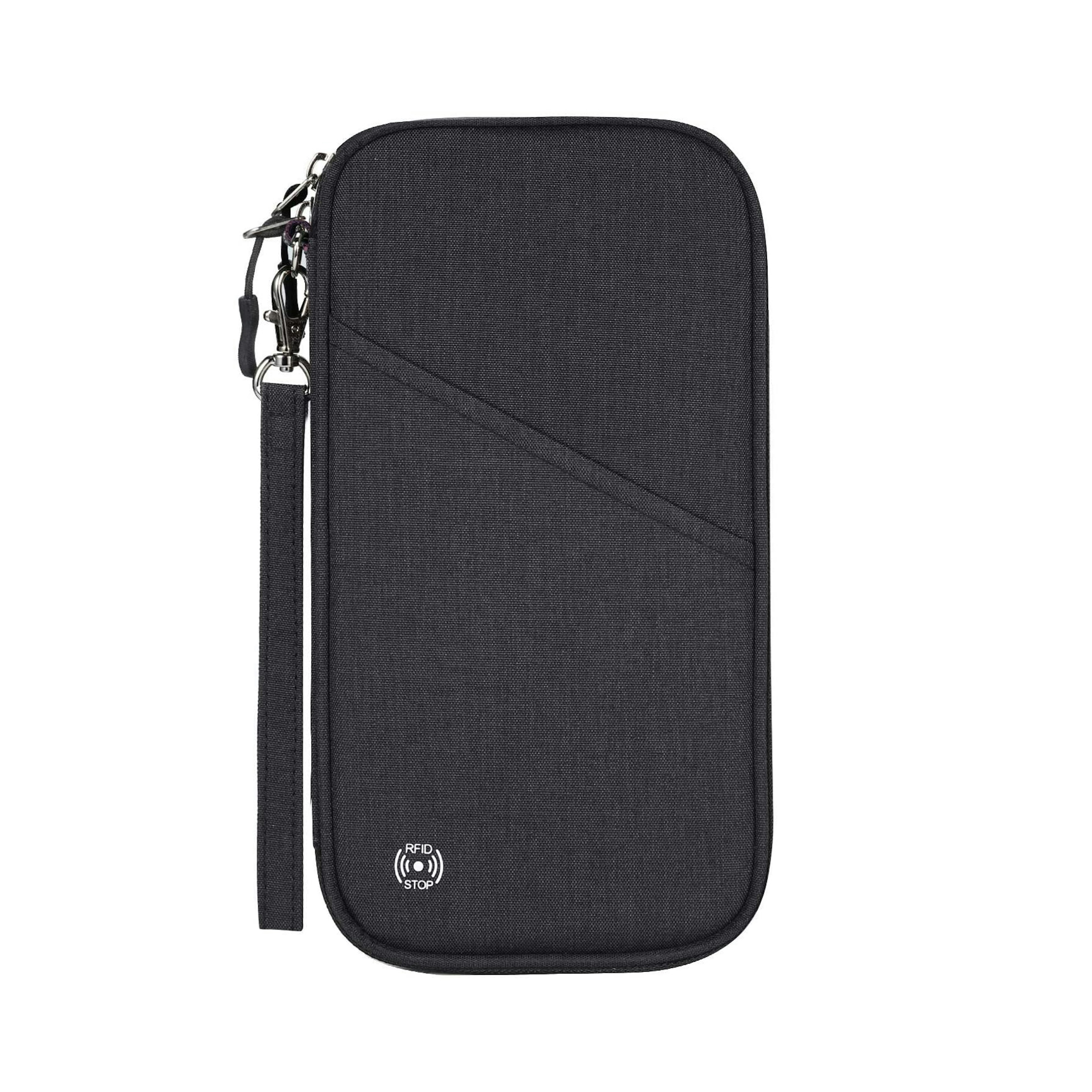 Venmigo's black travel wallet, shown zipped up