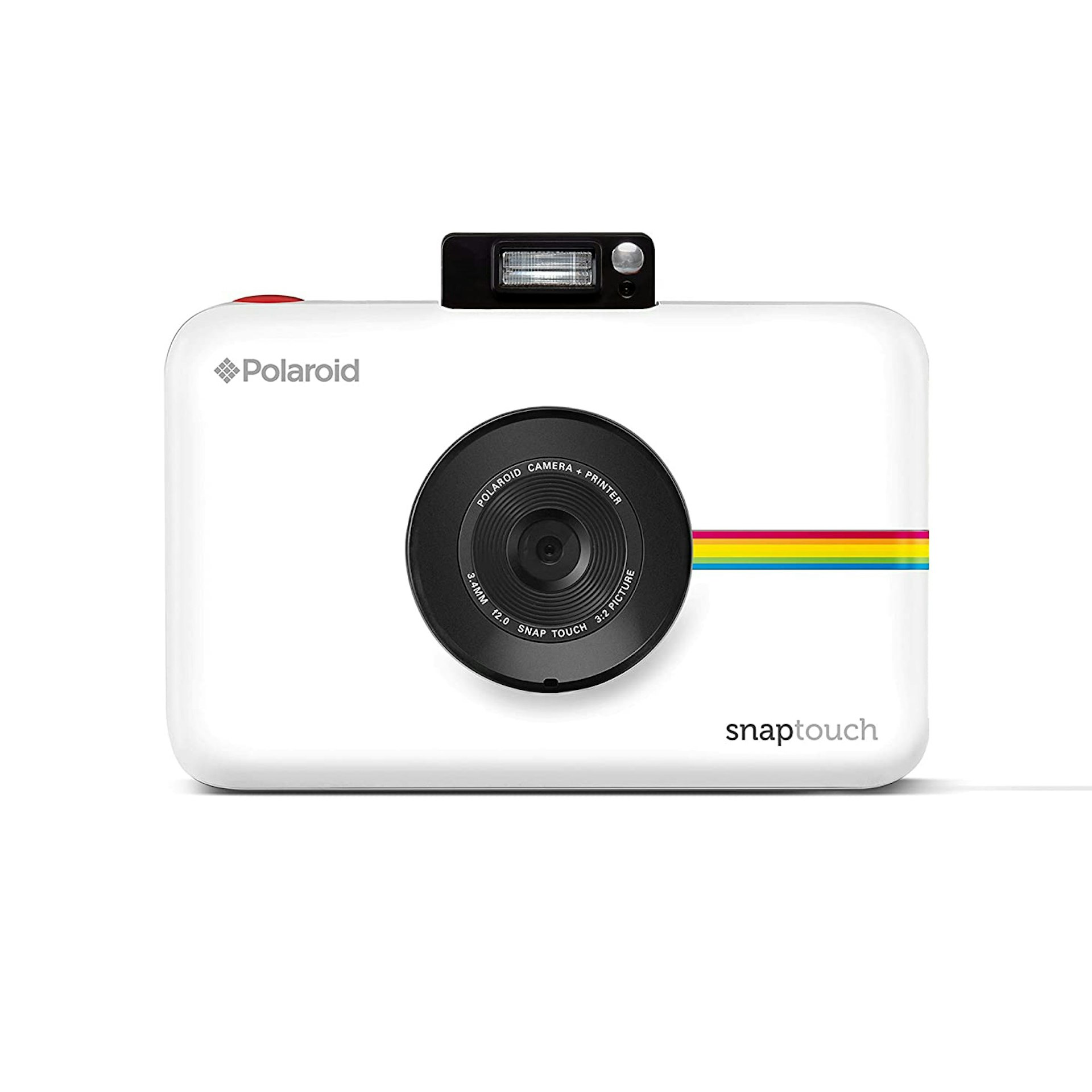 A rectangular white camera with rainbow stripes next to the lens on the right-hand side