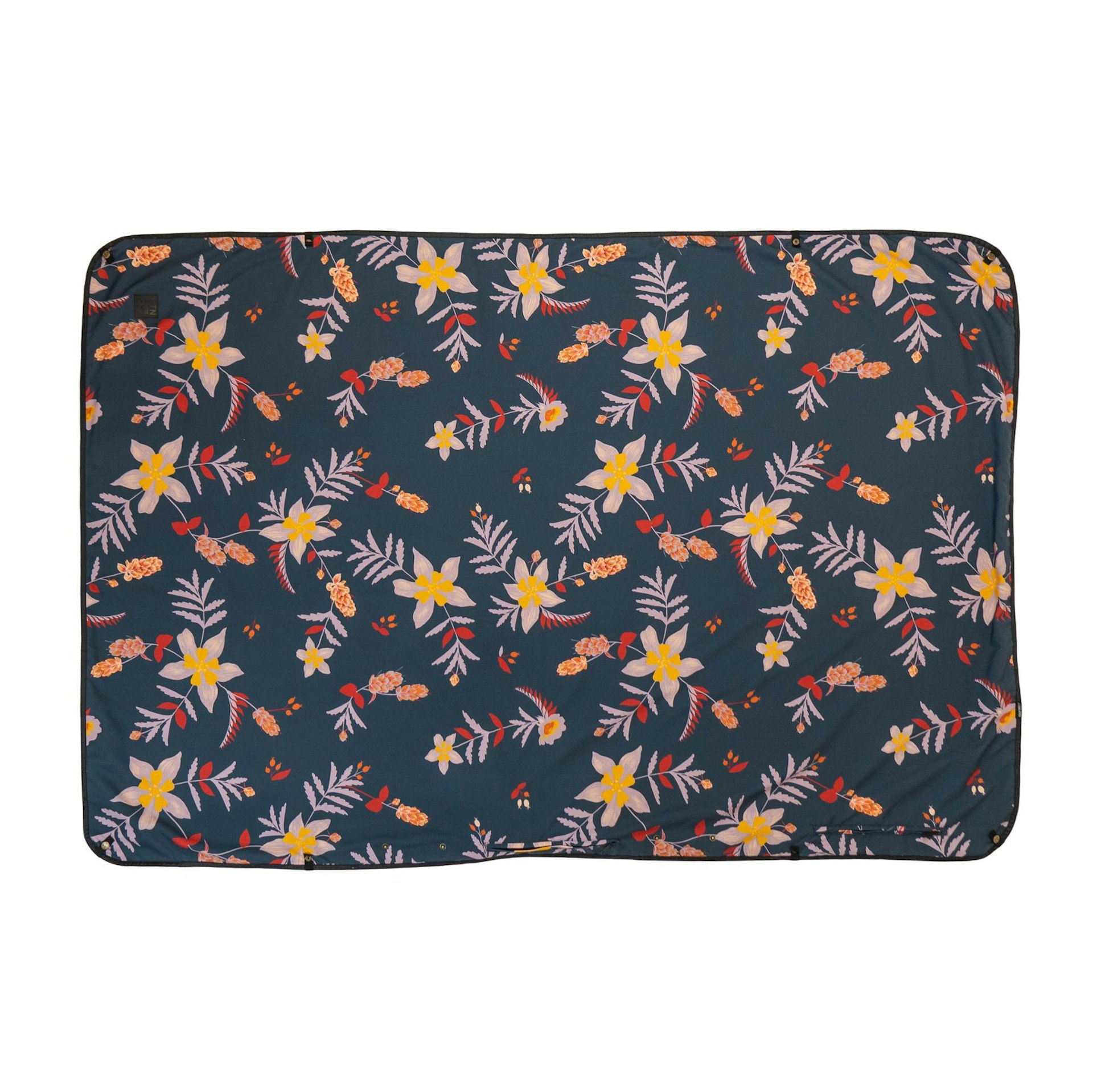 Coalatree's Kachula adventure blanket with a floral print on navy background
