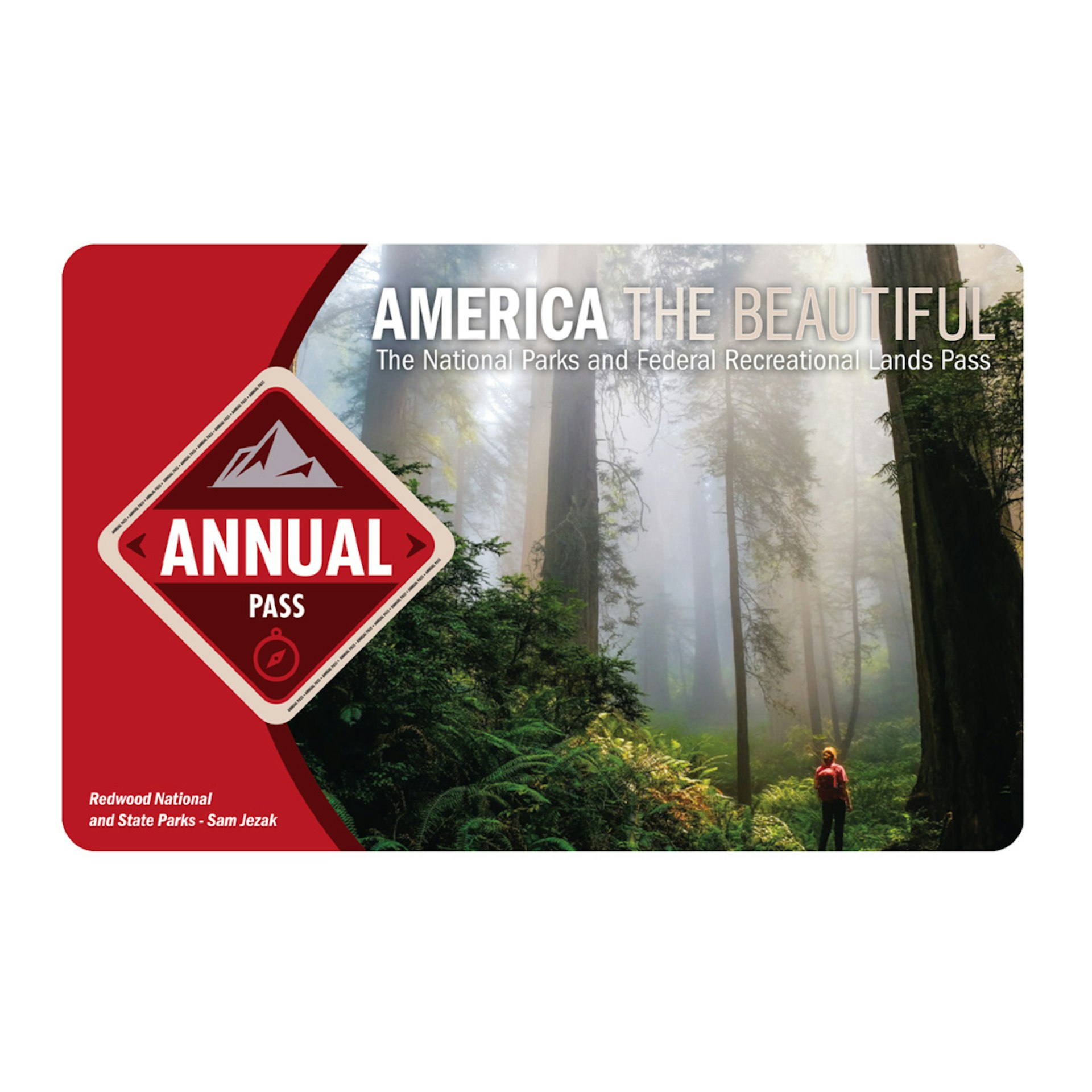 A credit card-sized national parks pass with a waterfall and the words America the Beautiful
