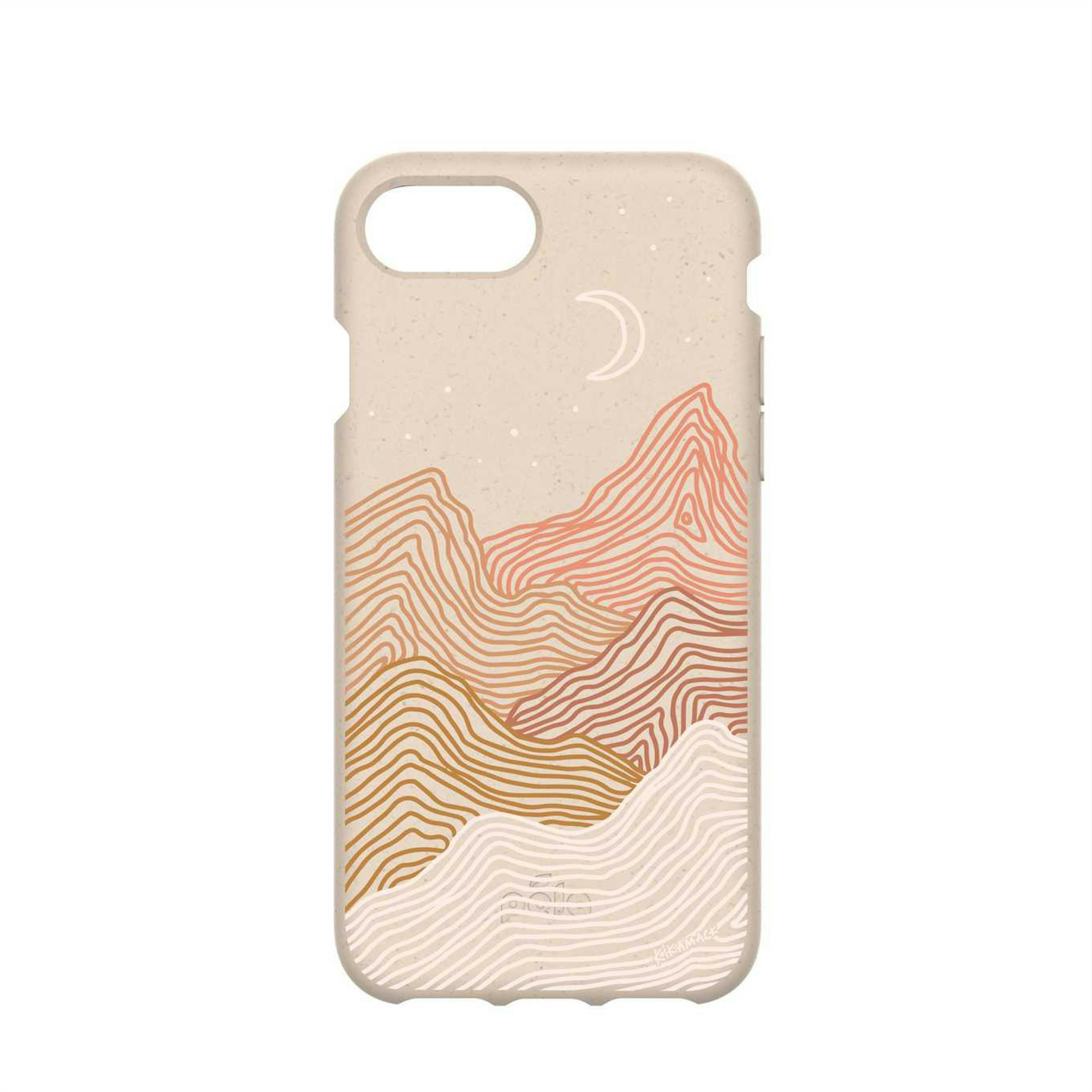 A Pela phone case, tan background with pink and brown jagged mountain-like lines