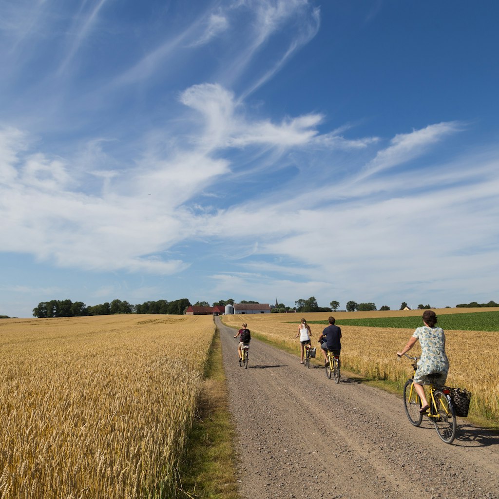 August 6, 2015: Group of cyclists riding on a rural dirt road on the island of Ven.