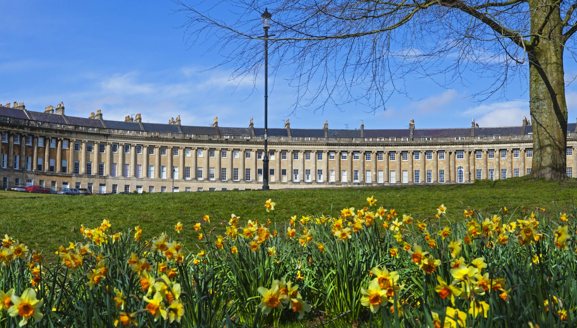 A springtime view of the beautiful Royal Cresecent in Bath, Somerset. 