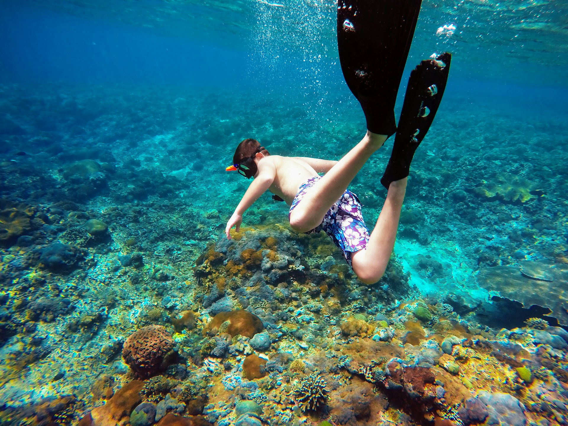 Underwater shoot of a young boy snorkeling on reefs off Nusa Penida