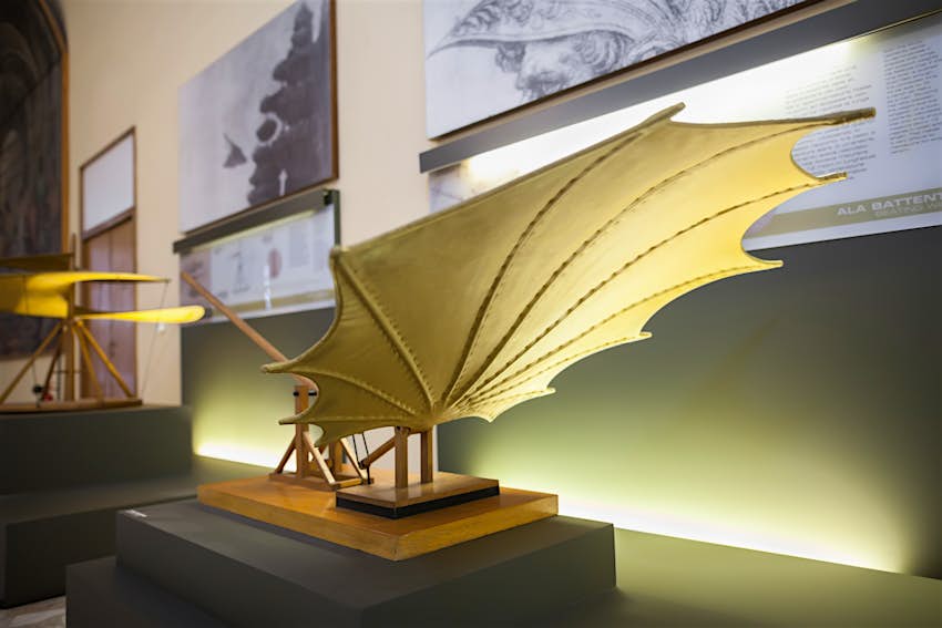 Models of flapping wings from Leonardo da Vinci's scientific studies on display at the Leonardo da Vinci Museum of Science and Technology