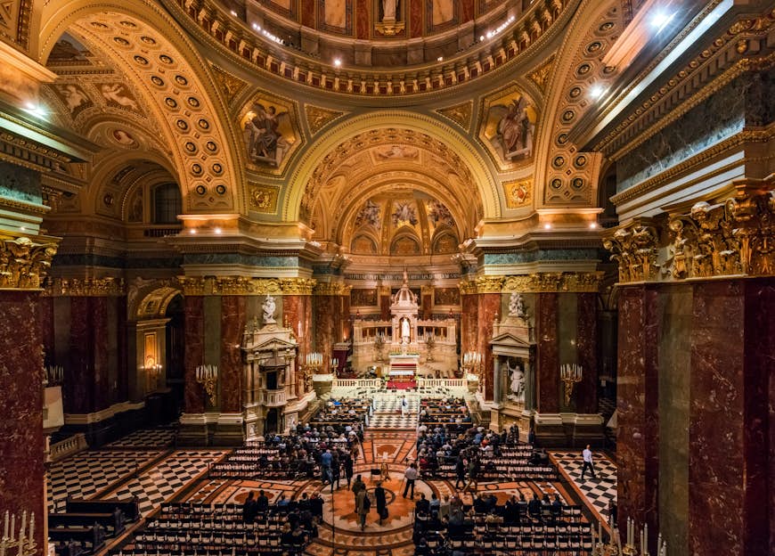 Ornate interior of St. Stephen Basilica in Budapest, Hungary