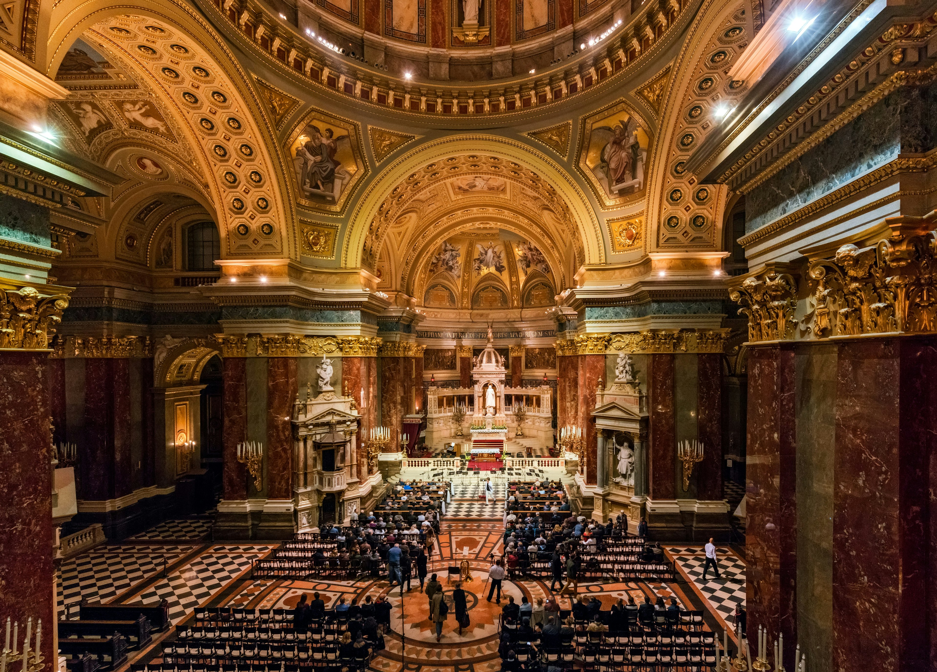 Ornate interior of St Stephen Basilica in Budapest, Hungary