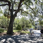 Georgia, Savannah, historic district, Lafayette Square, bicycle, riders. (Photo by: Jeffrey Greenberg/Universal Images Group via Getty Images)