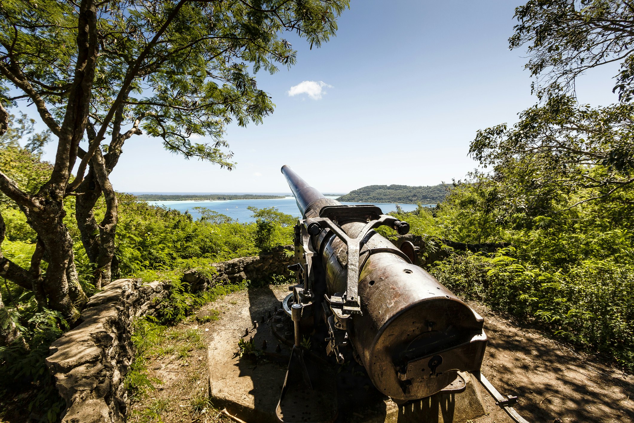 A World War II Cannon on a hilltop overlooking the lagoon in Bora Bora, French Polynesia