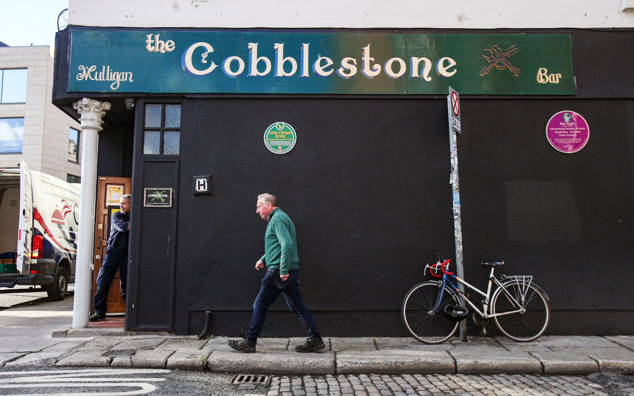 People gather at Smithfield in Dublin to protest against Dublin City Council over plans to build a hotel on the site of Cobblestone pub, one of the city's most famous pubs. Picture date: Saturday October 30, 2021. (Photo by Damien Storan/PA Images via Getty Images)