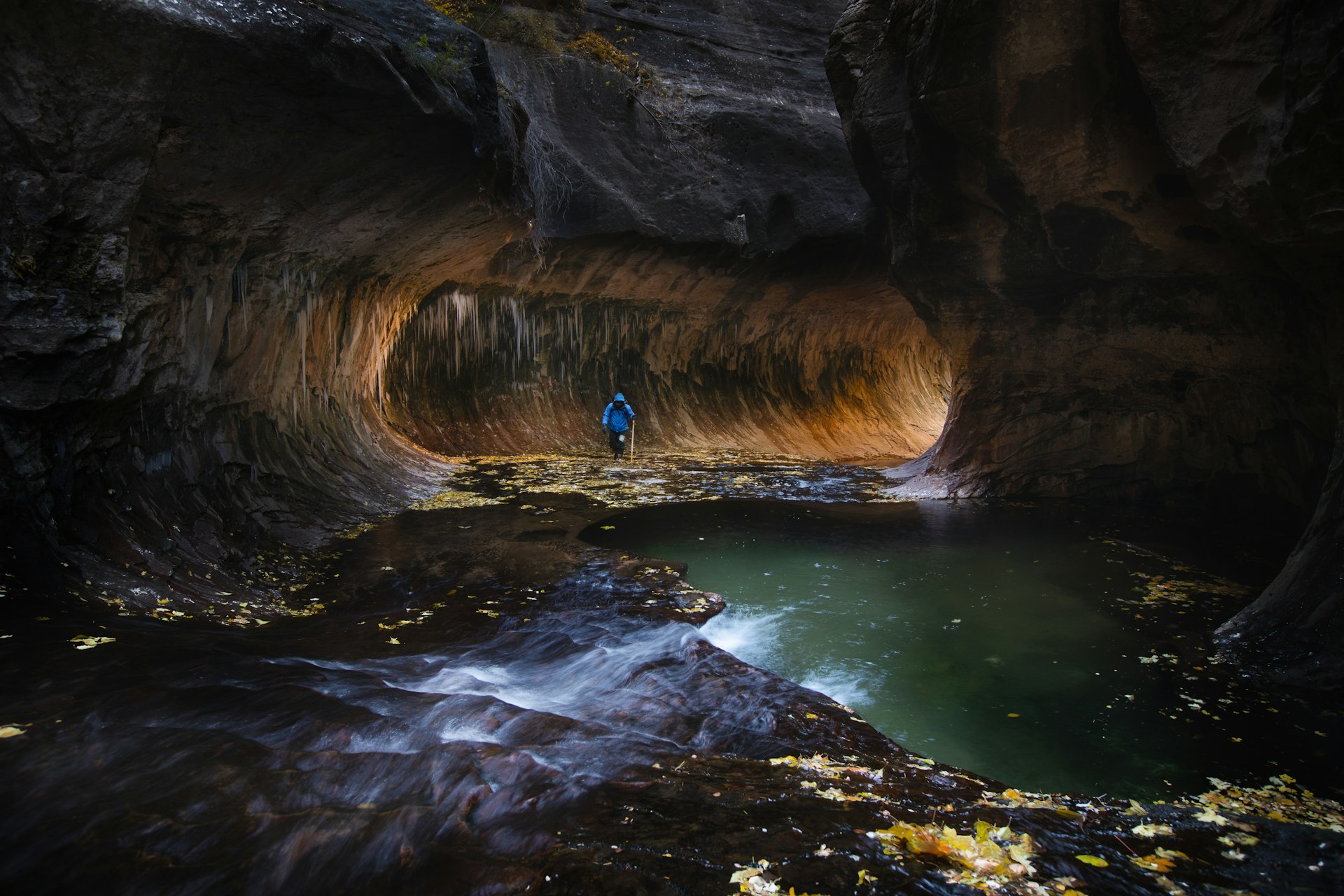 Hiker walking past a pool of water on the Subway trail in Zion National Park, Utah