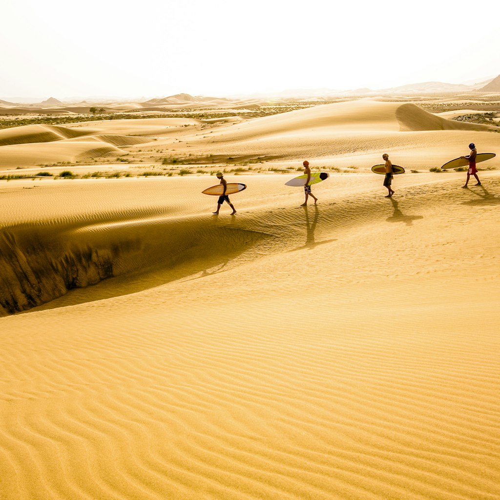 Oman, Ash Sharquiyah, four surfers walking on sand dunes in the desert