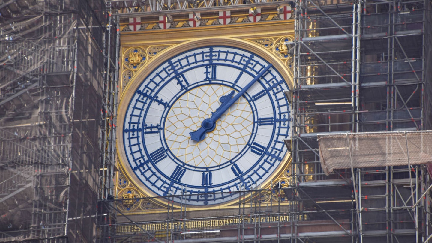 LONDON, UNITED KINGDOM - 2021/09/15: Big Ben's renovated clock face has been unveiled as refurbishment nears completion..Renovation of the famous landmark, whose official name is Elizabeth Tower, began in 2017 and is expected to be completed by early 2022. (Photo by Vuk Valcic/SOPA Images/LightRocket via Getty Images)