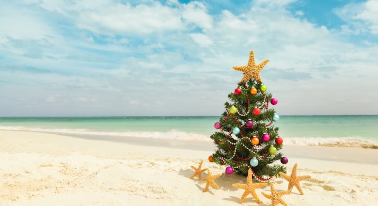 Christmas tree on sandy Caribbean beach 
A decorated Christmas tree surrounded by dancing starfish on a tropical beach.
Location: Playa del Carmen, Cancun, Mexico and the Caribbean Sea.