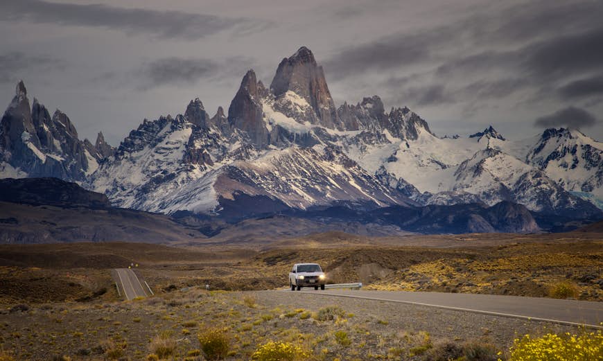 Car on the road to Mount Fitz Roy, El Chalten, Argentina
