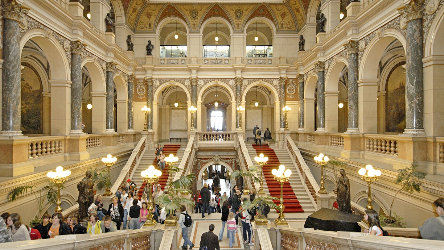The grand stairway inside the National Museum in Prague