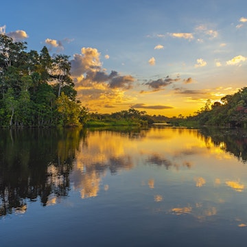 Reflection of a sunset over a lagoon in the Amazon Rainforest Basin in Ecuador.