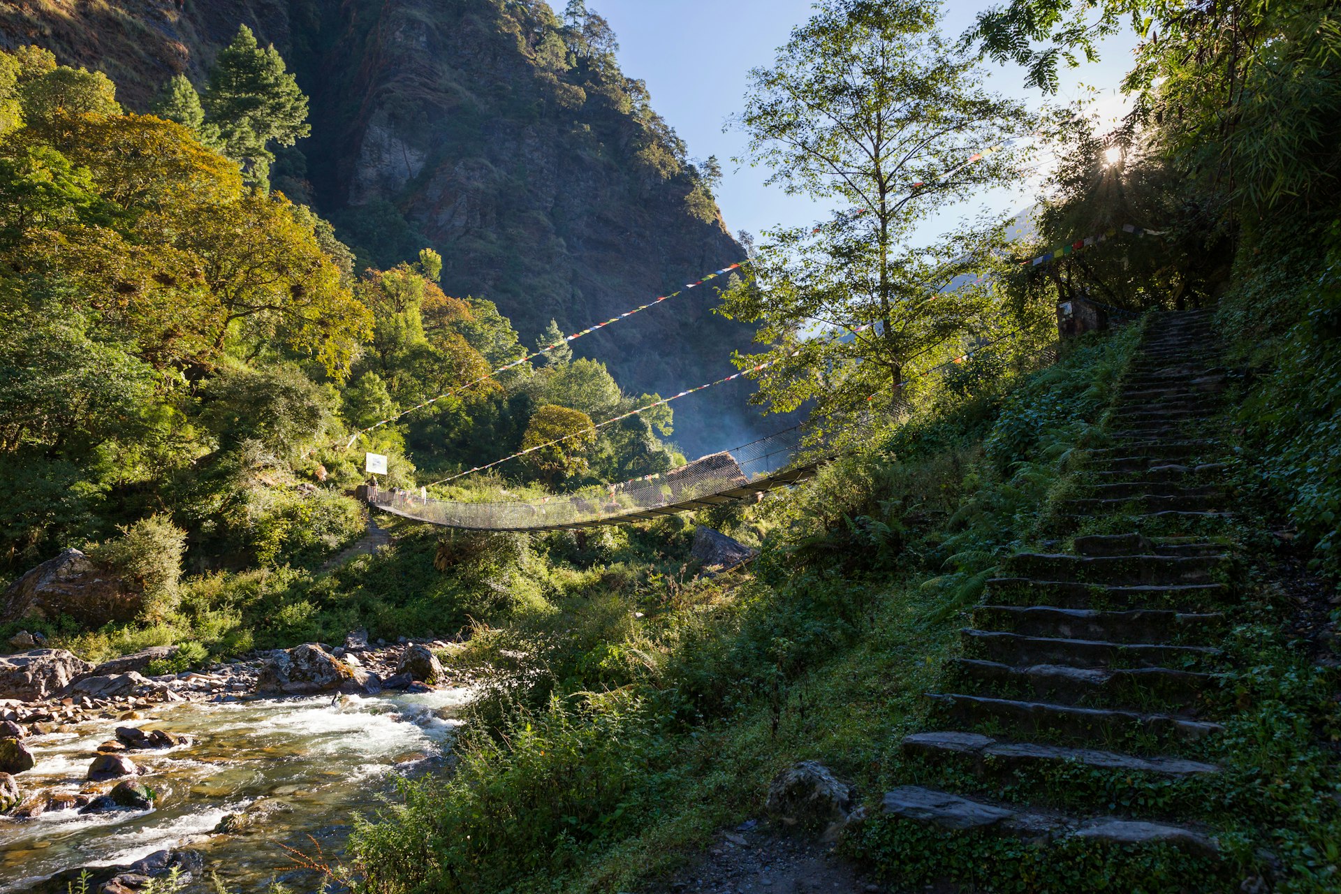 Suspension bridge above a river canyon on the Gosainkunda route
