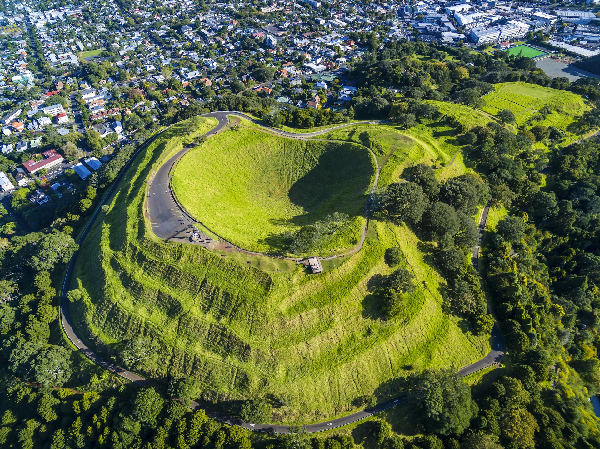 An aerial view of lush Mt Eden/Maungawhau in Auckland