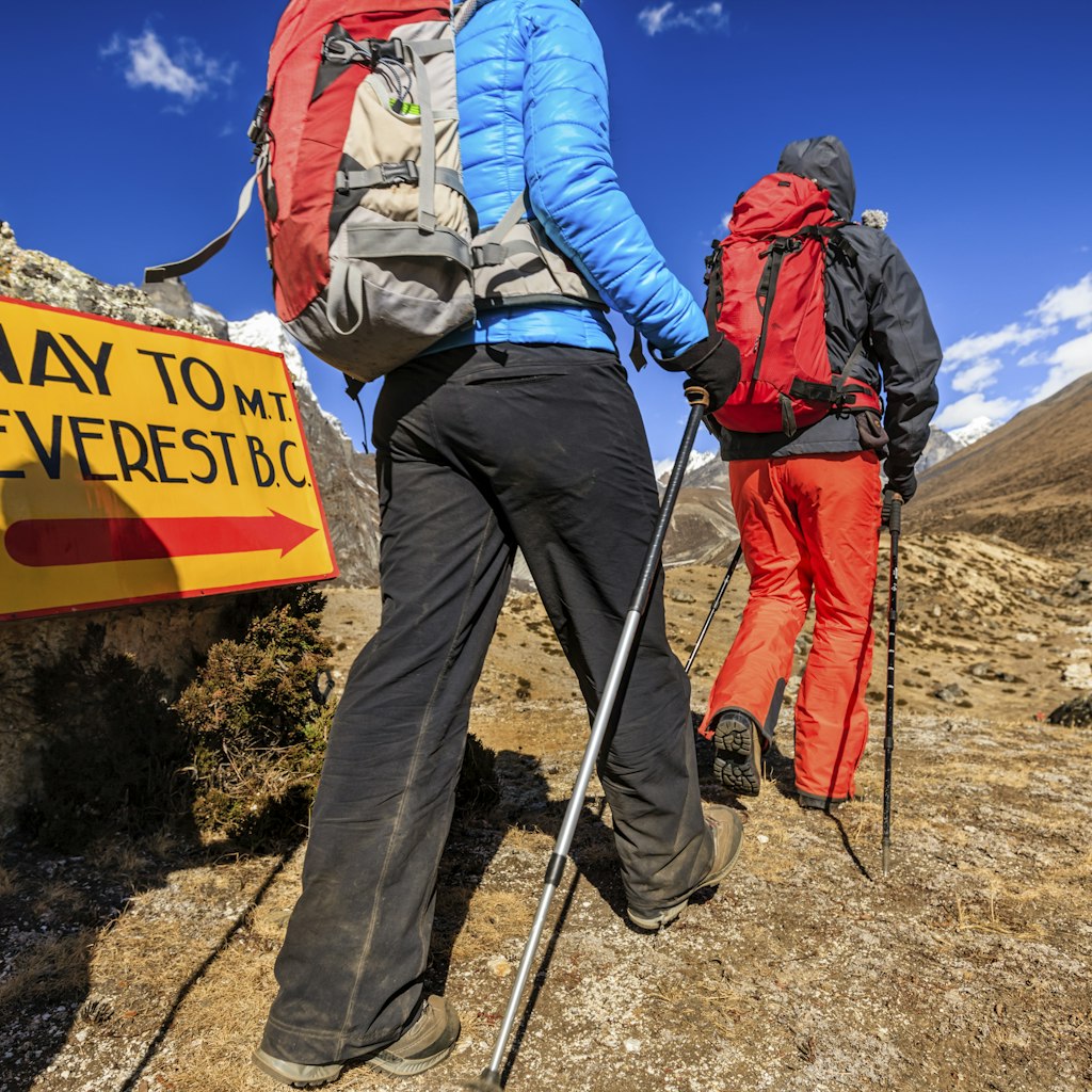 Group of trekkers passing signpost on way to Mount Everest Base Camp - Mount Everest (Sagarmatha) National Park
