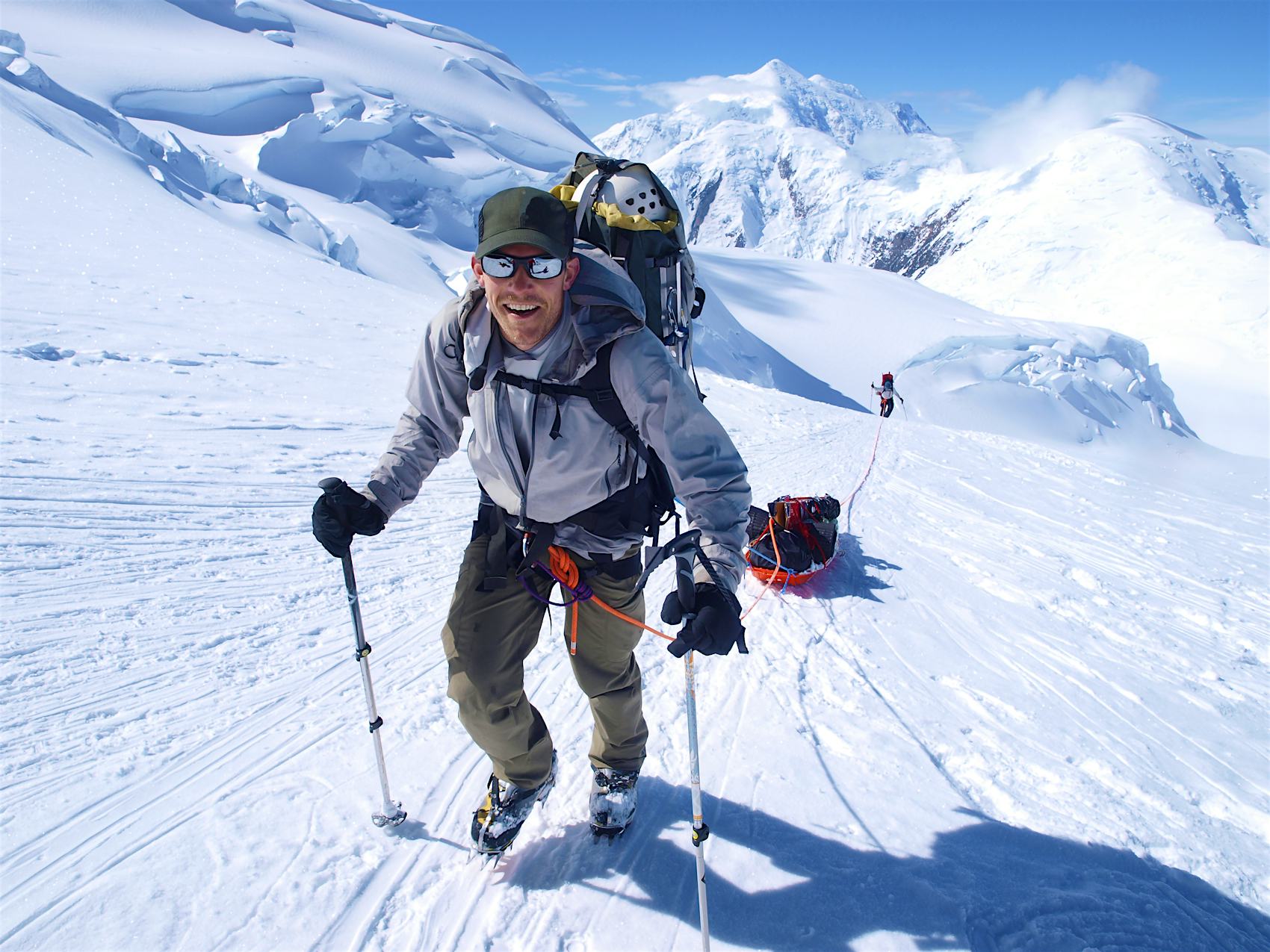 Mountain ranger Brian Scheele climbing  a snow covered Mount McKinley 