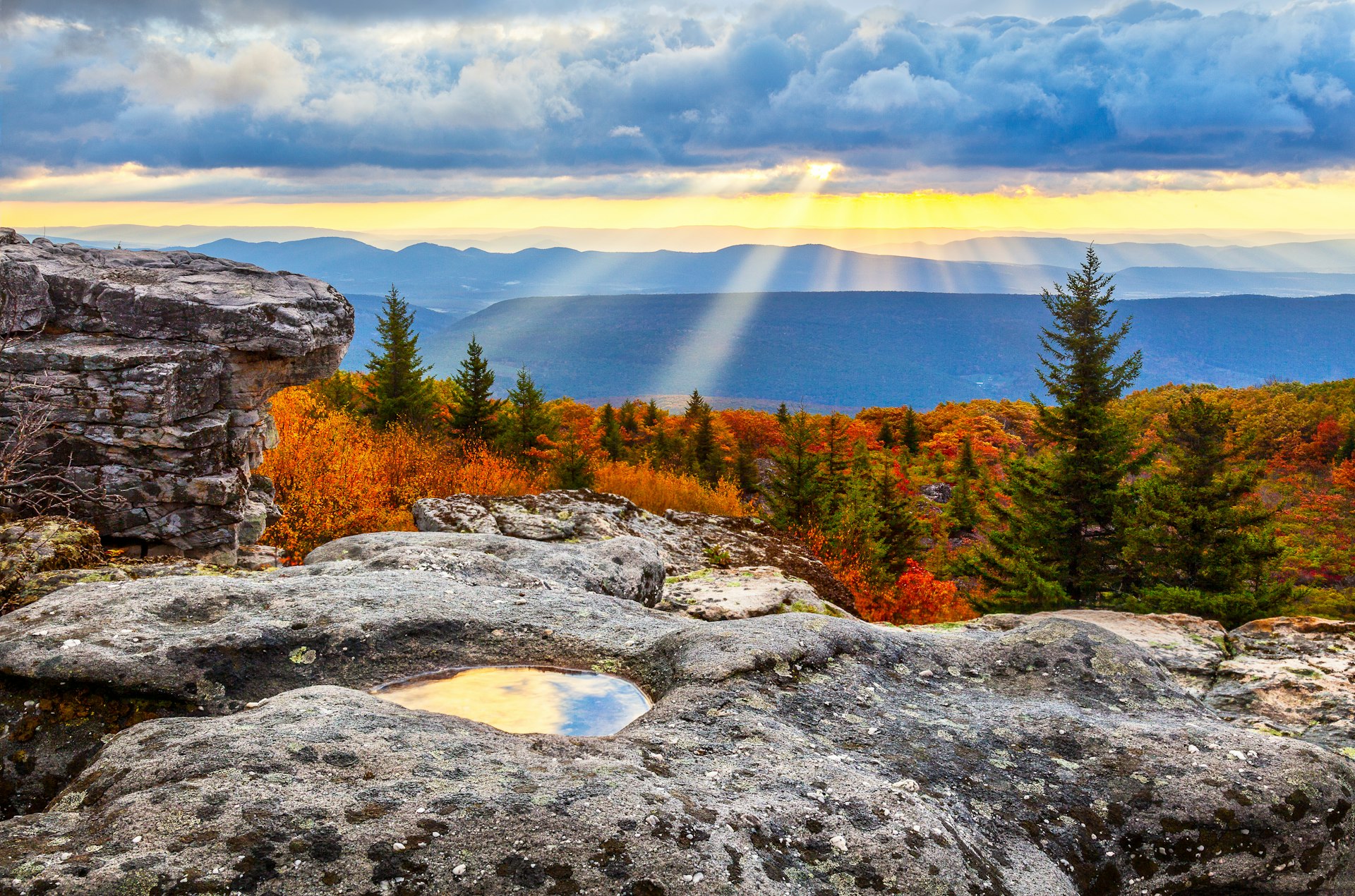 Sunrise from Dolly Sods Wilderness area in West Virginia with sunbeams coming through dark clouds. 