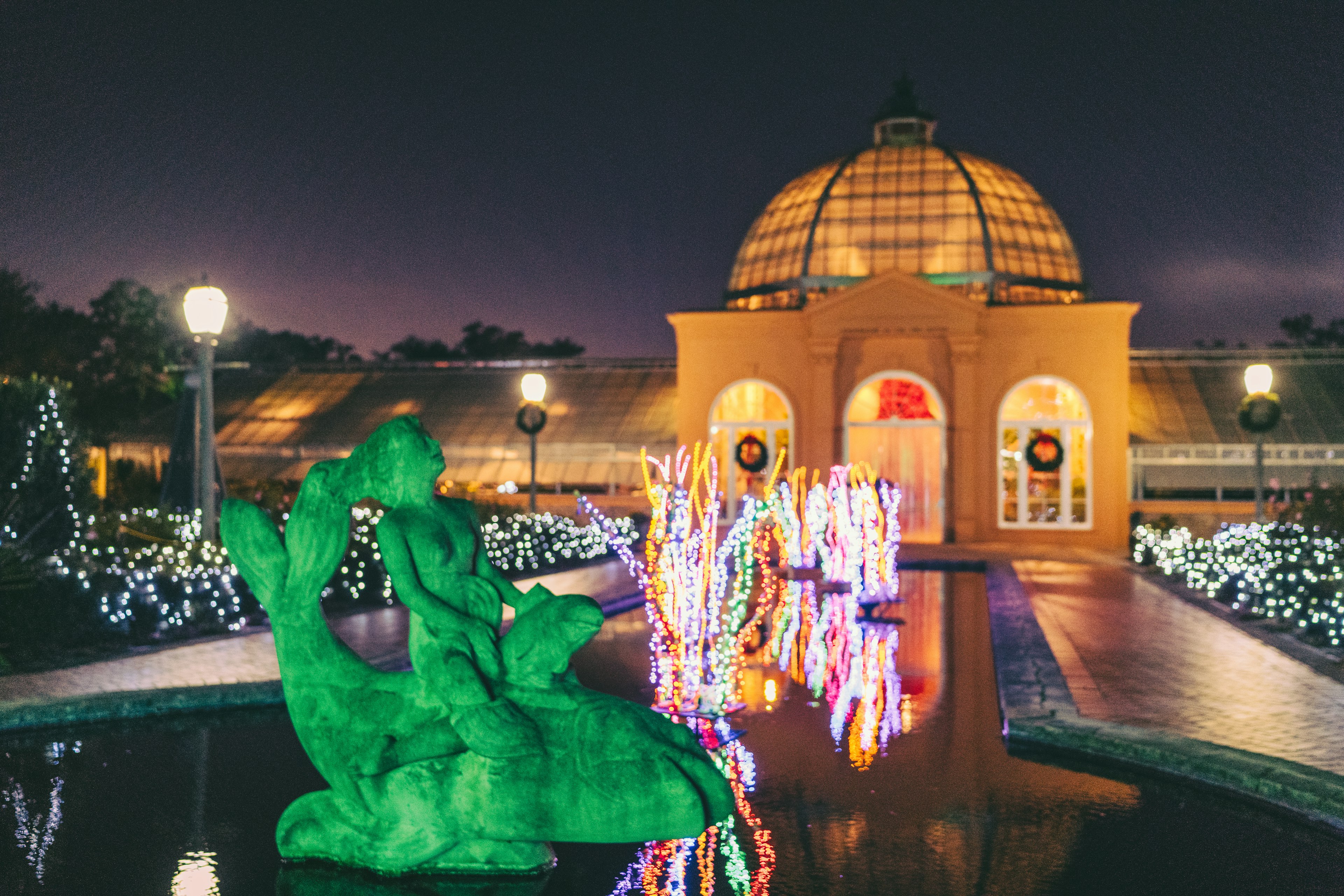 Winter light display for Celebration in the Oaks at a fountain at City Park in New Orleans