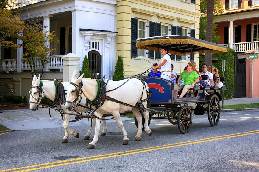 Människor som åker häst och vagn runt Charleston, SC
