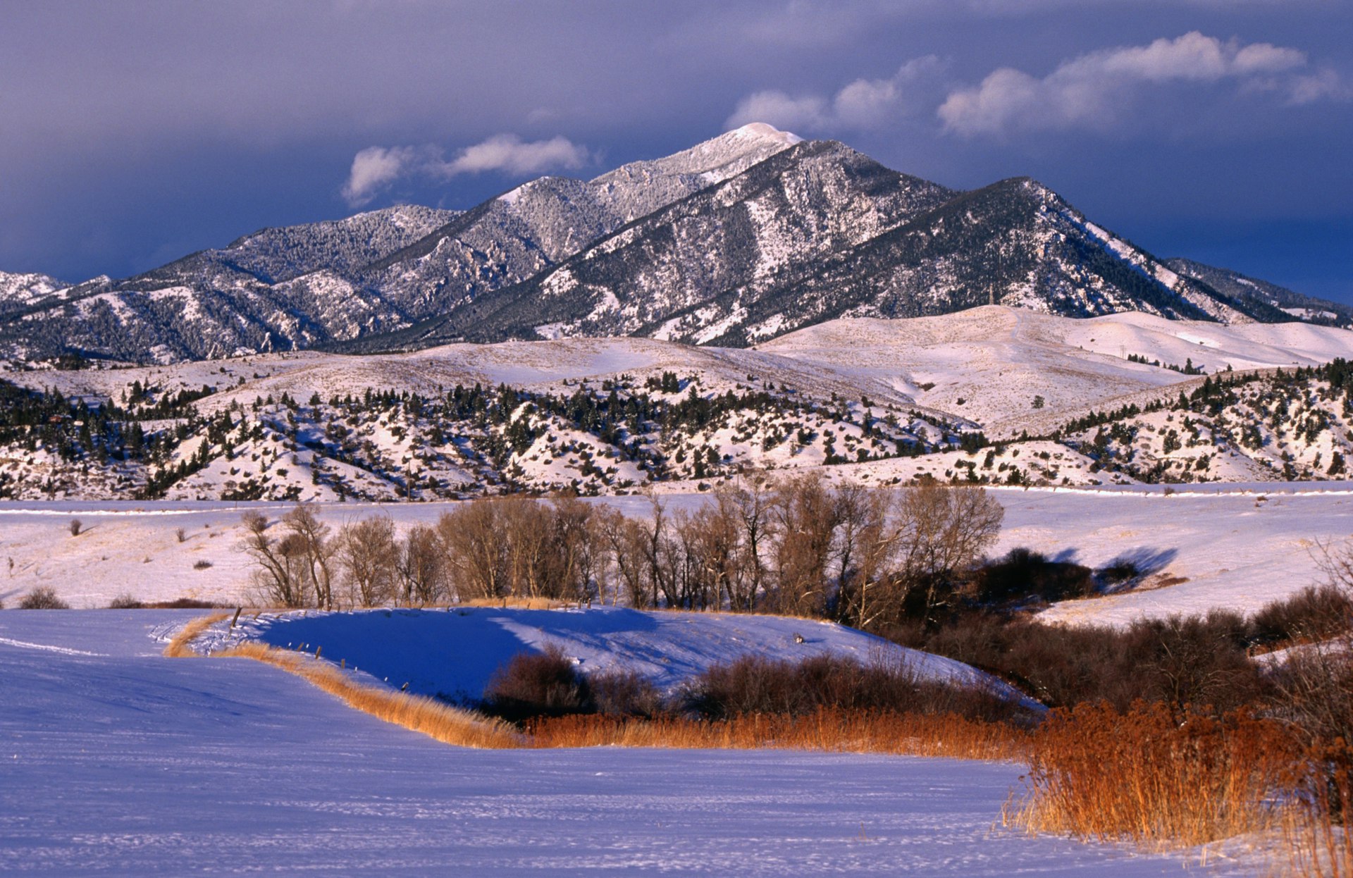 The snow-capped peaks of the Bridger Mountains in winter