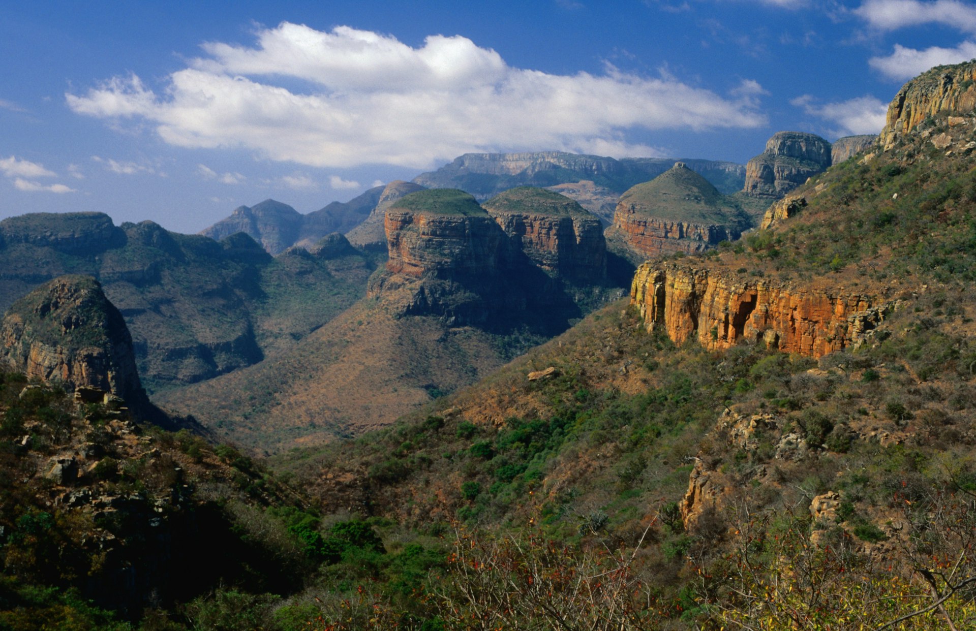 A wide view of the Rondavels rock formation in Blyde River Canyon Nature Reserve