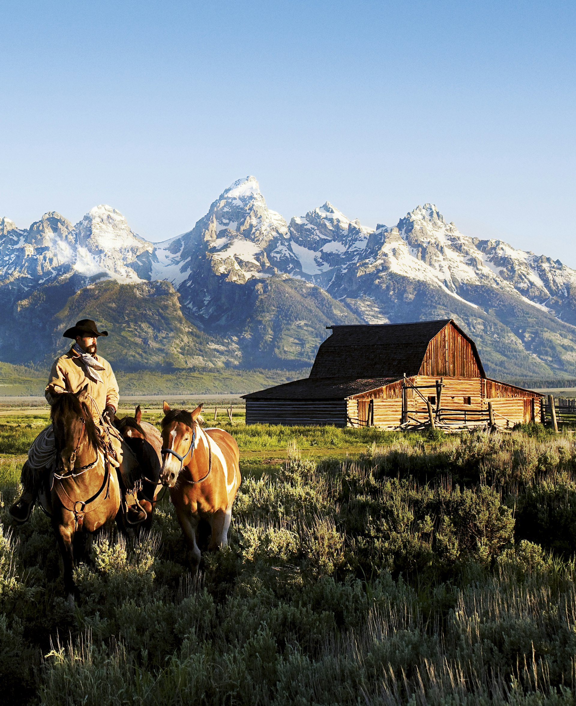 A cowboy on horseback leads another horse in front of a historic barn and the snow-capped Grand Tetons in Mormon Row