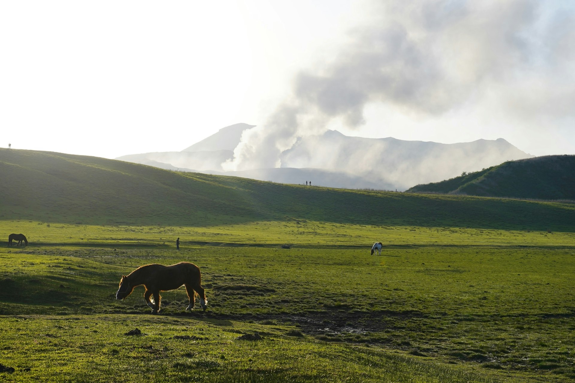 A view of Mt. Aso that spits smoke