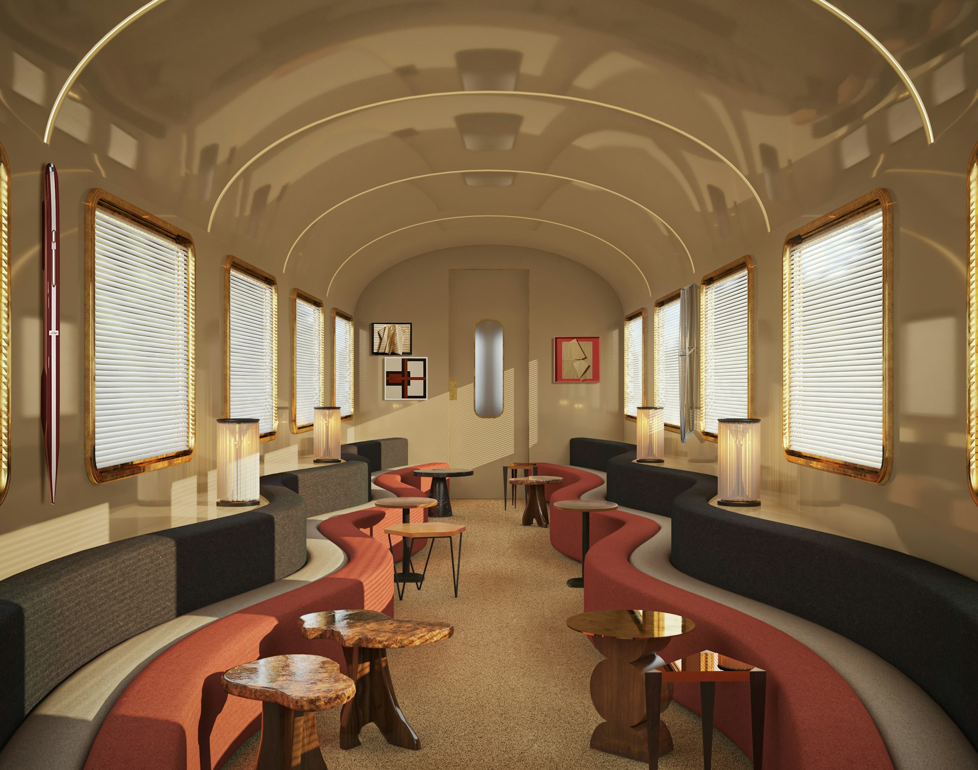 The midcentury-style lounge of the new Orient Express La Dolce Vita train