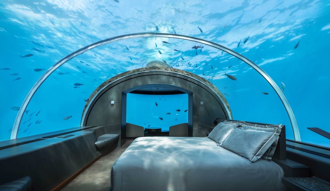 The underwater bed at the Muraka Suite at Conrad Maldives Rangali Island