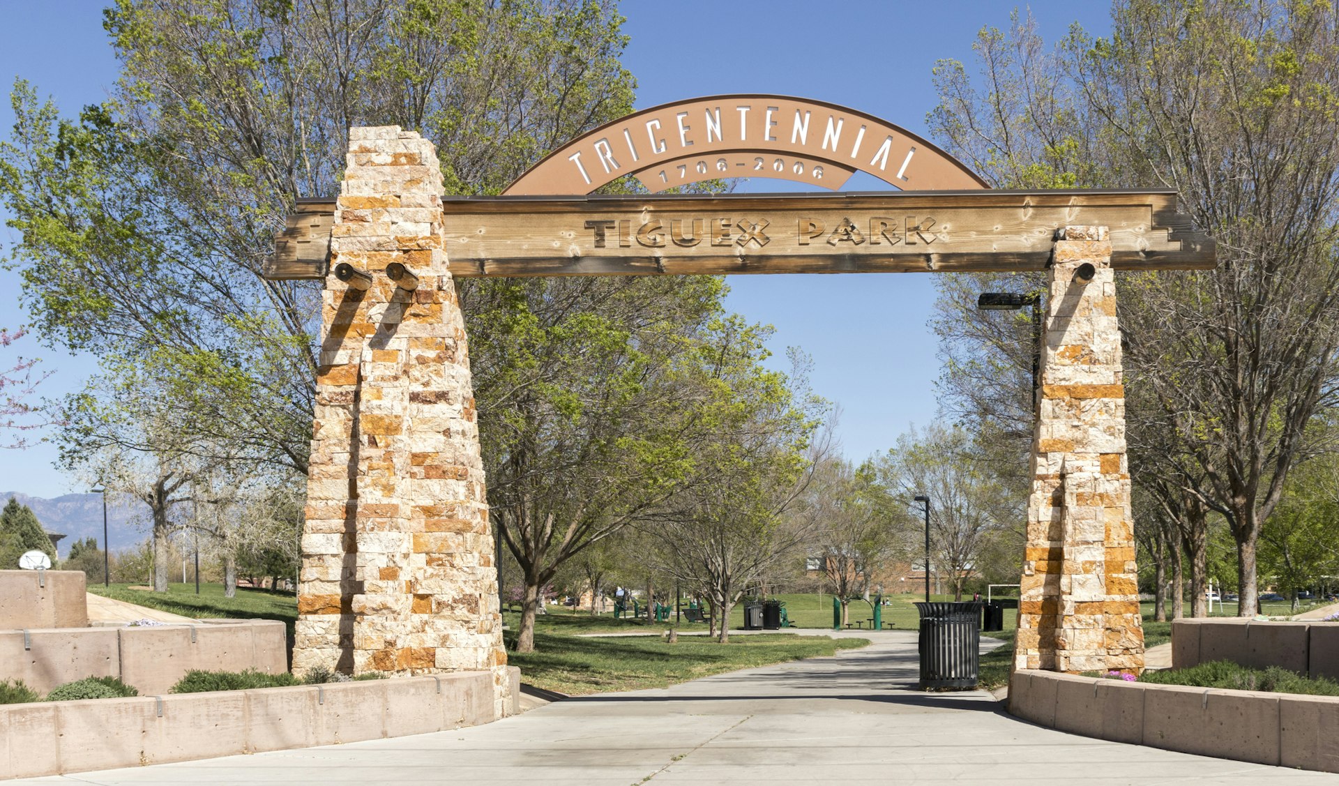 A stone gateway to a city park