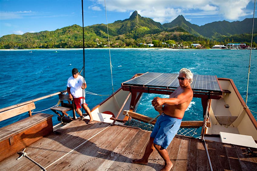 Master Navigator Tua Pittman aboard the Marumaru Atua, sailing out from Rarotonga in The Cook Islands
