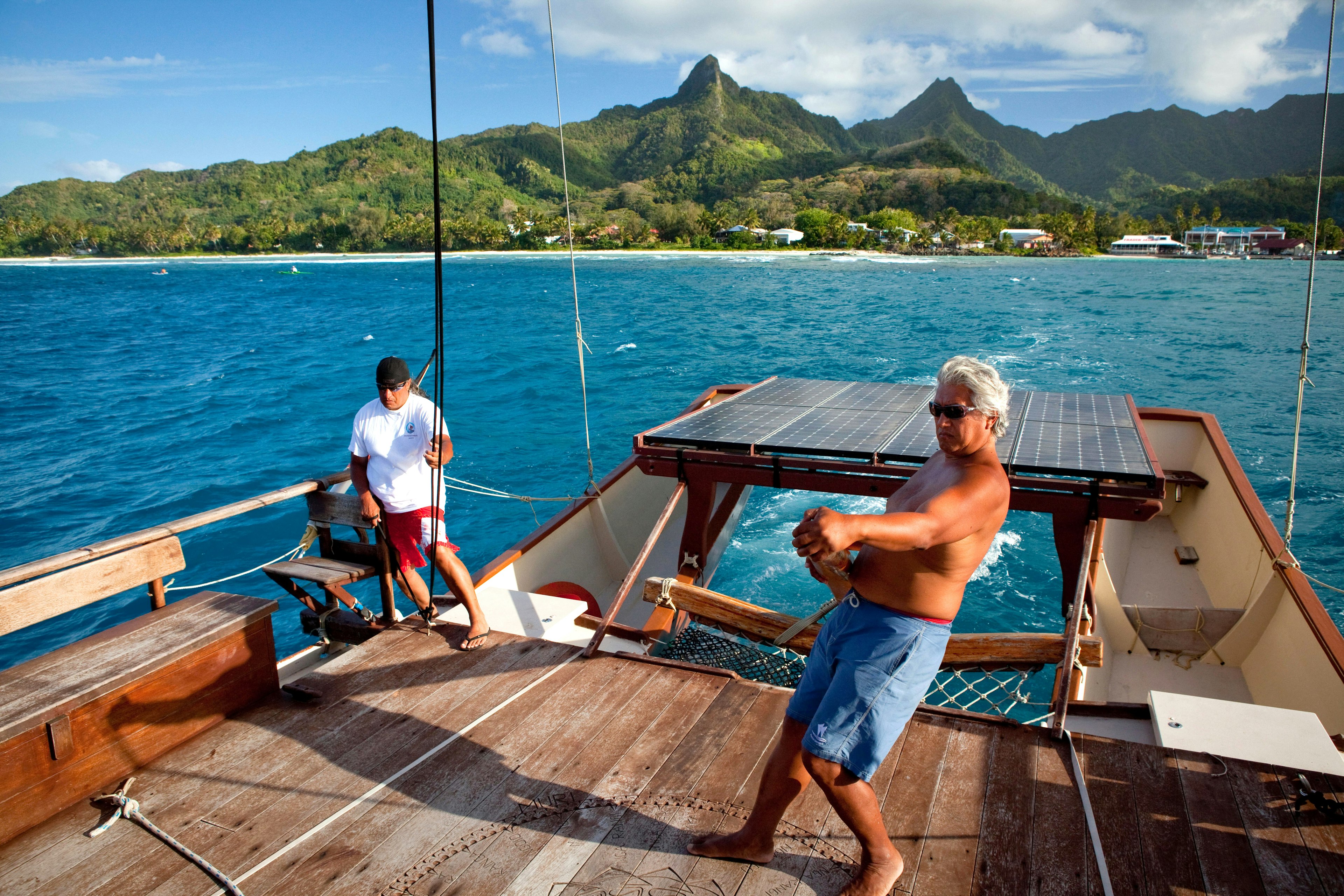 Master Navigator Tua Pittman aboard the Marumaru Atua, sailing out from Rarotonga in The Cook Islands