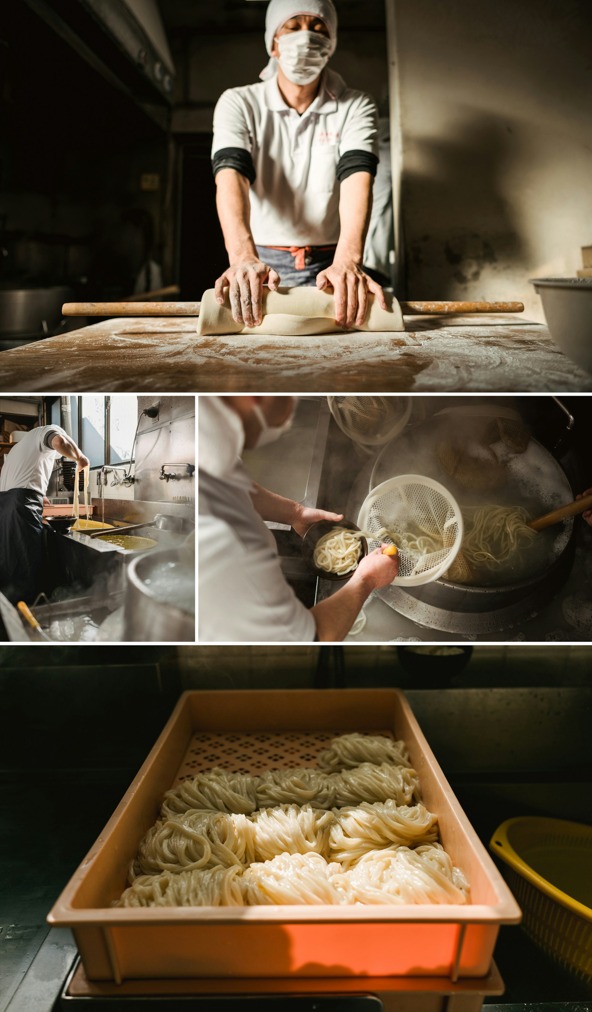 A series of photos demonstrating the udon-making process